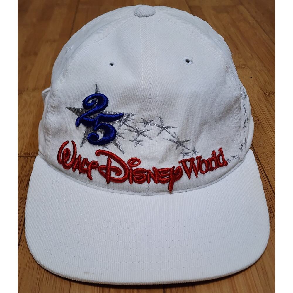 Vintage 90s Walt Disney World Hat Baseball Cap Corduroy White 25th Anniversary
